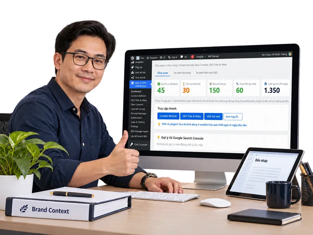 Onic AI SEO Automation – Tạo nội dung có kiểm duyệt Chuyên gia Việt Nam làm việc với dashboard Onic.vn có Onic Social, SEO Manager Agent và Lập kế hoạch SEO