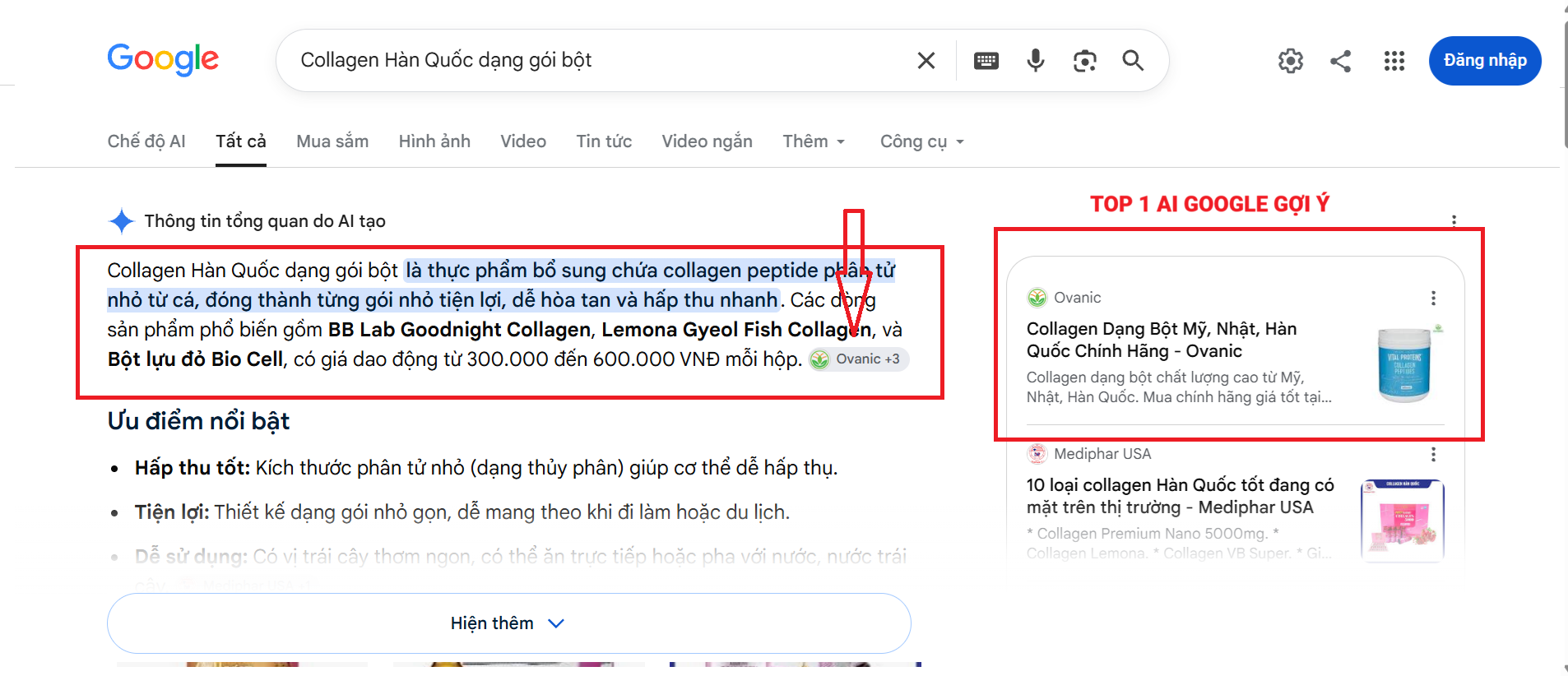 Ovanic xuất hiện trong Google AI Overview về collagen Ảnh chụp kết quả Google AI Overview của Ovanic, giữ nguyên bằng chứng nguồn